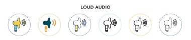 Gürültülü ses simgesi, ince çizgi, özet ve vuruş stili. Mobil, ui, web için iki renkli ve siyah sesli vektör ikonu tasarımı vektör illüstrasyonu kullanılabilir