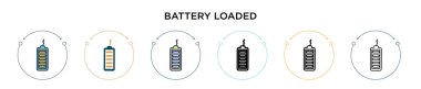 Batarya yüklü simge, ince çizgi, özet ve vuruş stili. Mobil, ui, web için iki renkli ve siyah pil yüklü vektör simgelerinin vektör çizimi kullanılabilir