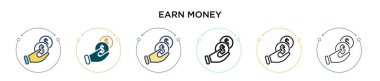 Para kazanma ikonu, ince çizgi, özet ve vuruş stili. Mobil, ui, web için iki renkli ve siyah para kazanma vektör ikonu tasarımı vektör illüstrasyonu kullanılabilir