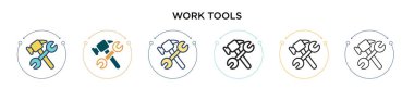 Çalışma araçları simgesi dolu, ince çizgi, özet ve vuruş tarzı. İki renkli ve siyah iş araçlarının vektör illüstrasyonu vektör simgeleri mobil, ui, web için kullanılabilir