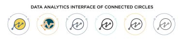 Dolu, ince çizgi, özet ve vuruş tarzında bağlı çemberlerin veri analiz arayüzü. Bağlı çemberler vektörünün iki renkli ve siyah veri analizi arayüzünün vektör çizimi 