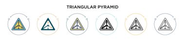 Üçgen piramit simgesi dolu, ince çizgi, ana hatlar ve vuruş stili. Mobil, ui, web için iki renkli ve siyah üçgen piramit vektör ikonlarının vektör illüstrasyonu kullanılabilir