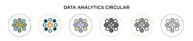 Veri analizi dairesel simgesi dolu, ince çizgi, özet ve vuruş stili. Mobil, ui, web için iki renkli ve siyah veri analizi dairesel vektör ikonu tasarımı vektör illüstrasyonu kullanılabilir