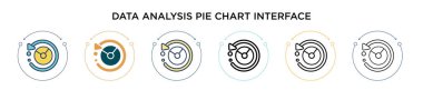 Veri analizi pasta tablosu arayüzü simgesi dolu, ince çizgi, özet ve vuruş tarzı. İki renkli ve siyah veri analizi turta arayüzü vektör çizelgesi çizimi çizimi kullanılabilir 