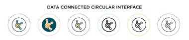 Veri bağlantılı dairesel arayüz simgesi dolu, ince çizgi, ana hatlar ve çizgi şeklinde. Dairesel arayüz vektör simgeleri ile bağlantılı iki renkli ve siyah verinin vektör illüstrasyonu kullanılabilir 