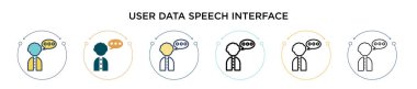 Kullanıcı veri konuşma arayüzü simgesi doldurulmuş, ince çizgi, özet ve vuruş tarzı. Mobil, ui için iki renkli ve siyah kullanıcı veri konuşma arayüzü vektör vektör simgelerinin vektör çizimi kullanılabilir,