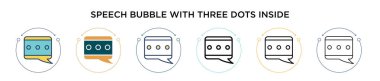 Konuşma baloncuğu içinde üç nokta olan doldurulmuş, ince çizgi, ana hatlar ve vuruş stili. Vektör simgelerinin içinde üç nokta bulunan iki renkli ve siyah konuşma balonunun vektör illüstrasyonu 