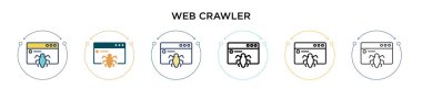 Web crawler icon in filled, thin line, outline and stroke style. Vector illustration of two colored and black web crawler vector icons designs can be used for mobile, ui, web clipart