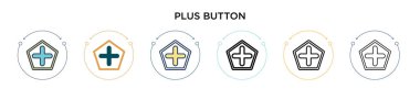 Artı düğme simgesi, ince çizgi, özet ve vuruş stili. Mobil, ui, web için iki renkli ve siyah vektör simgesi vektör çizimi kullanılabilir