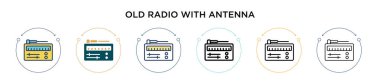 Anten simgesi dolu, ince çizgili, ana hatlı ve vuruş stili olan eski bir radyo. Mobil, ui, web için iki renkli ve siyah anten vektör ikonu tasarımlı eski radyo vektör illüstrasyonu kullanılabilir