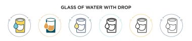 Damla ikonlu bir bardak su, ince çizgi, ana hatlar ve vuruş stili. Bırakma vektör simgeli iki renkli ve siyah su kadehinin vektör çizimi mobil, ui, web için kullanılabilir