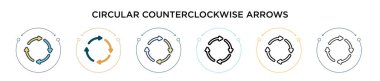 Saat yönünde dairesel ok simgesi dolu, ince çizgi, ana hatlar ve vuruş stili. Saat yönünün tersine iki renkli ve siyah dairesel ok vektör ikonu tasarımı için kullanılabilir