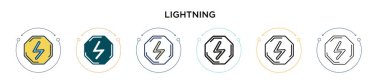 Şimşek simgesi dolu, ince çizgi, dış hatlar ve vuruş stili. Mobil, ui, web için iki renkli ve siyah yıldırım vektör ikonu tasarımı vektör illüstrasyonu kullanılabilir