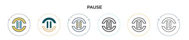 Simgeyi doldurulmuş, ince çizgi halinde, ana hatlarıyla ve vuruş tarzıyla duraklat. Mobil, ui, web için iki renkli ve siyah duraklat vektör ikonu tasarımının vektör illüstrasyonu kullanılabilir
