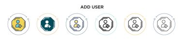 Kullanıcı simgesini doldurulmuş, ince çizgi, özet ve vuruş tarzıyla ekle. İki renkli ve siyah ekleme vektör vektör simgesi tasarımı mobil, ui, web için kullanılabilir