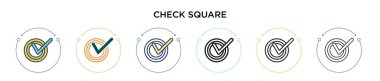 Kare simgesini doldurulmuş, ince çizgi, özet ve vuruş tarzıyla kontrol et. Mobil, ui, web için iki renkli ve siyah kare vektör ikonu tasarımı vektör illüstrasyonu kullanılabilir