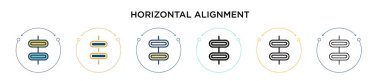 Yatay hizalama simgesi doldurulmuş, ince çizgi, özet ve vuruş stili. Mobil, ui, web için iki renkli ve siyah yatay hizalama vektör ikonu tasarımı kullanılabilir
