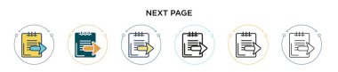 Sonraki sayfa simgesi doldurulmuş, ince çizgi, özet ve vuruş stili. İki renkli ve siyah sayfa vektör ikonu tasarımı mobil, ui, web için kullanılabilir