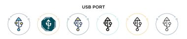 Usb port simgesi doldurulmuş, ince çizgi, özet ve vuruş stili. Mobil, ui, web için iki renkli ve siyah usb port vektör simgesinin vektör illüstrasyonu kullanılabilir