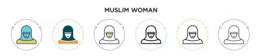 Müslüman kadın ikonu dolu, ince çizgi, özet ve vuruş stili. Mobil, ui, web için iki renkli ve siyah Müslüman kadın vektör ikonu tasarımı vektör illüstrasyonu kullanılabilir