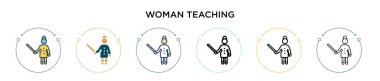 Kadın ikon öğretiyor, ince çizgi, özet ve vuruş stili. İki renkli ve siyah kadının vektör simgeleri öğreten vektör illüstrasyonu mobil, ui, web için kullanılabilir
