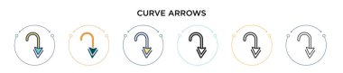 Eğri ok simgesi dolu, ince çizgi, ana hatlar ve vuruş stili. Mobil, ui, web için iki renkli ve siyah ok vektör ikonu tasarımının vektör illüstrasyonu kullanılabilir