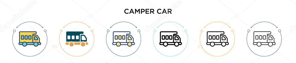 Camper car icon in filled, thin line, outline and stroke style. Vector illustration of two colored and black camper car vector icons designs can be used for mobile, ui, web