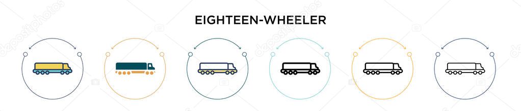 Eighteen-wheeler icon in filled, thin line, outline and stroke style. Vector illustration of two colored and black eighteen-wheeler vector icons designs can be used for mobile, ui, web