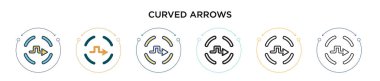 Kavisli ok simgesi dolu, ince çizgi, ana hatlar ve vuruş stili. Mobil, ui, web için iki renkli ve siyah eğri ok vektör ikonu tasarımı vektör illüstrasyonu kullanılabilir