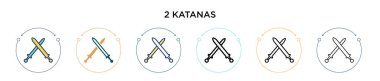 2 katana simgesi doldurulmuş, ince çizgi, özet ve vuruş stili. Mobil, ui, web için iki renkli ve siyah 2 katana vektör simgesi tasarımı vektör illüstrasyonu kullanılabilir