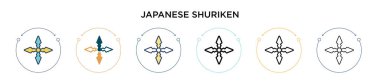 Japon shuriken simgesi doldurulmuş, ince çizgi, özet ve vuruş stili. İki renkli ve siyah Japon Shuriken vektör simgesinin vektör çizimi mobil, ui, web için kullanılabilir