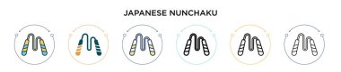 Japon mınçıka ikonu doldurulmuş, ince çizgi, ana hatlar ve vuruş stili. Mobil, ui, web için iki renkli ve siyah Japon nunchaku vektör ikonu tasarımı vektör illüstrasyonu kullanılabilir