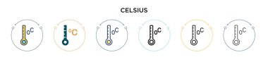 Celsius simgesi dolu, ince çizgi, ana hatlar ve vuruş stili. Mobil, ui, web için iki renkli ve siyah Celsius vektör simgesinin vektör çizimi kullanılabilir