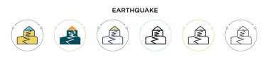 Deprem ikonu dolu, ince çizgi, özet ve vuruş tarzında. Mobil, ui, web için iki renkli ve siyah deprem vektör ikonu tasarımının vektör illüstrasyonu kullanılabilir