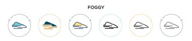 Foggy simgesi doldurulmuş, ince çizgi, özet ve vuruş stili. Mobil, ui, web için iki renkli ve siyah sisli vektör simgesinin vektör çizimi kullanılabilir