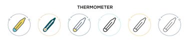 Termometre simgesi doldurulmuş, ince çizgi, özet ve vuruş stili. Mobil, ui, web için iki renkli ve siyah termometre vektör ikonu tasarımı vektör illüstrasyonu kullanılabilir