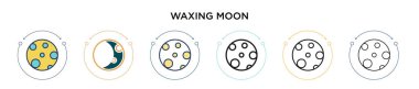 Dolu, ince çizgi halinde balmumu ay ikonu, ana hatları ve vuruş stili. Mobil, ui, web için iki renkli ve siyah ay vektör simgesinin vektör illüstrasyonu kullanılabilir