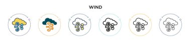 Rüzgar ikonu dolu, ince çizgi, dış hatlar ve vuruş stili. Mobil, ui, web için iki renkli ve siyah rüzgar vektör ikonu tasarımı vektör illüstrasyonu kullanılabilir