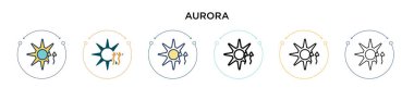 Aurora simgesi dolu, ince çizgi, özet ve vuruş stili. Mobil, ui, web için iki renkli ve siyah aurora vektör ikonu tasarımı vektör illüstrasyonu kullanılabilir
