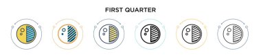 İlk çeyrek simge dolu, ince çizgi, özet ve vuruş stili. Mobil, ui, web için iki renkli ve siyah ilk çeyrek vektör ikonu tasarımı vektör illüstrasyonu kullanılabilir