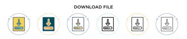 Dosya simgesini yükle, ince çizgi, özet ve vuruş tarzında. Mobil, ui, web için iki renkli ve siyah dosya indirme vektör simgesi tasarımı kullanılabilir
