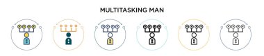 Çoklu görev adamı simgesi dolduruluyor, ince çizgi, taslak ve vuruş stili. Mobil, ui, web için iki renkli ve siyah çoklu görev insan vektör simgeleri tasarımı vektör illüstrasyonu kullanılabilir
