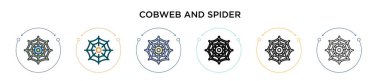 Örümcek ağı ve örümcek ikonu dolu, ince çizgi, ana hatlar ve çizgi şeklinde. Mobil, ui, web için iki renkli ve siyah örümcek ağı ve örümcek vektör ikonlarının vektör çizimi kullanılabilir