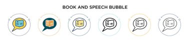 Kitap ve konuşma balonu ikonu dolu, ince çizgi, özet ve vuruş stili. Mobil, ui, web için iki renkli ve siyah kitap ve konuşma balonu vektör simgeleri tasarımı vektör illüstrasyonu kullanılabilir