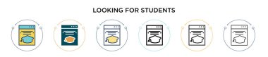 Öğrenci simgesi aranıyor. İnce çizgi, özet ve vuruş stili. Öğrenci vektör simgeleri arayan iki renkli ve siyah vektör illüstrasyonu mobil, ui, web için kullanılabilir