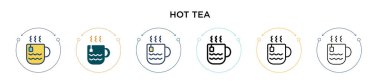 Sıcak çay ikonu, ince çizgi, özet ve vuruş stili. Mobil, ui, web için iki renkli ve siyah çay vektör ikonu tasarımı vektör illüstrasyonu kullanılabilir