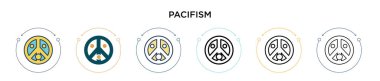 Barışçıl ikon dolu, ince çizgi, özet ve vuruş stili. Mobil, ui, web için iki renkli ve siyah pasifizm vektör ikonu tasarımının vektör illüstrasyonu kullanılabilir