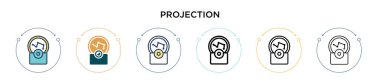 Projeksiyon ikonu doldurulmuş, ince çizgi, özet ve vuruş stili. İki renkli ve siyah projeksiyon vektör ikonu tasarımı mobil, ui, web için kullanılabilir