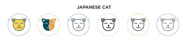 Japon kedi ikonu doldurulmuş, ince çizgi, ana hatlar ve vuruş stili. Mobil, ui, web için iki renkli ve siyah Japon kedi vektör ikonu tasarımı vektör çizimi kullanılabilir
