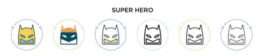 Süper kahraman ikonu dolu, ince çizgi, özet ve vuruş stili. Mobil, ui, web için iki renkli ve siyah süper kahraman vektör ikonlarının vektör çizimi kullanılabilir